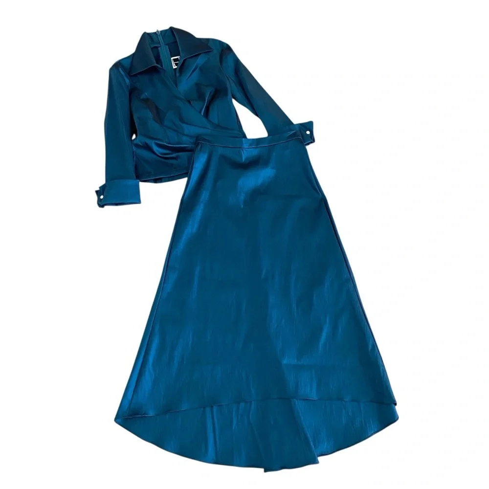 Vintage Tadashi Two-Piece Set Sz 4 Teal Satin Skirt Blouse Wedding Event 90s Y2K - Picture 1 of 16